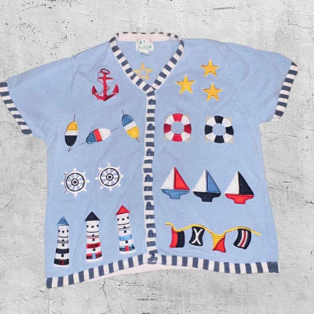 Vintage-style nautical embroidered cardigan top.